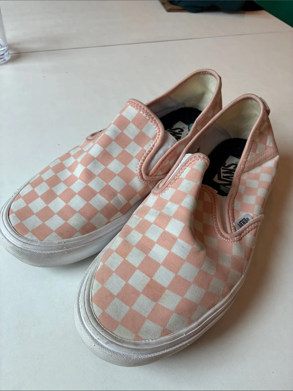 Vans Slip-On Checkerboard Sneakers — Pink and White